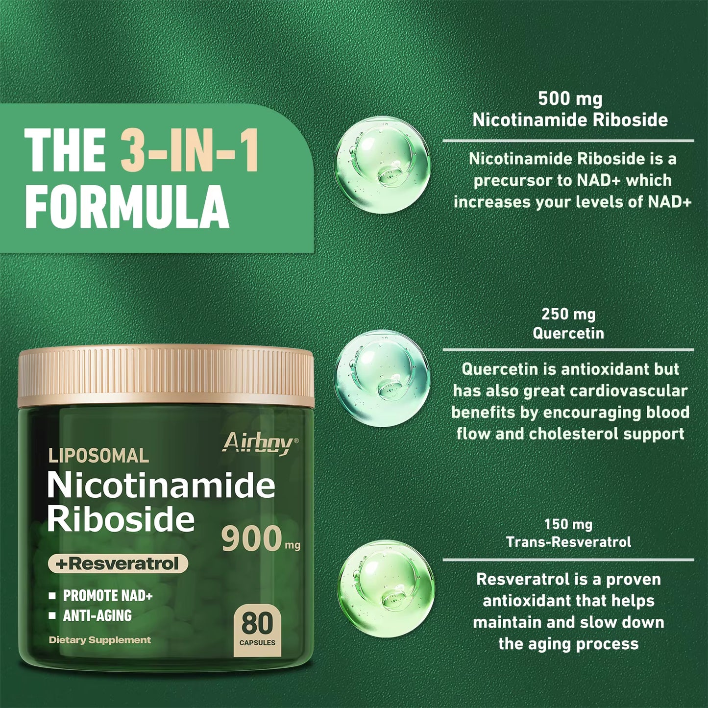 Elevate Your Health with Nicotinamide Riboside + Resveratrol - Premium Quercetin NAD Supplement - 80 Capsules of Vitality