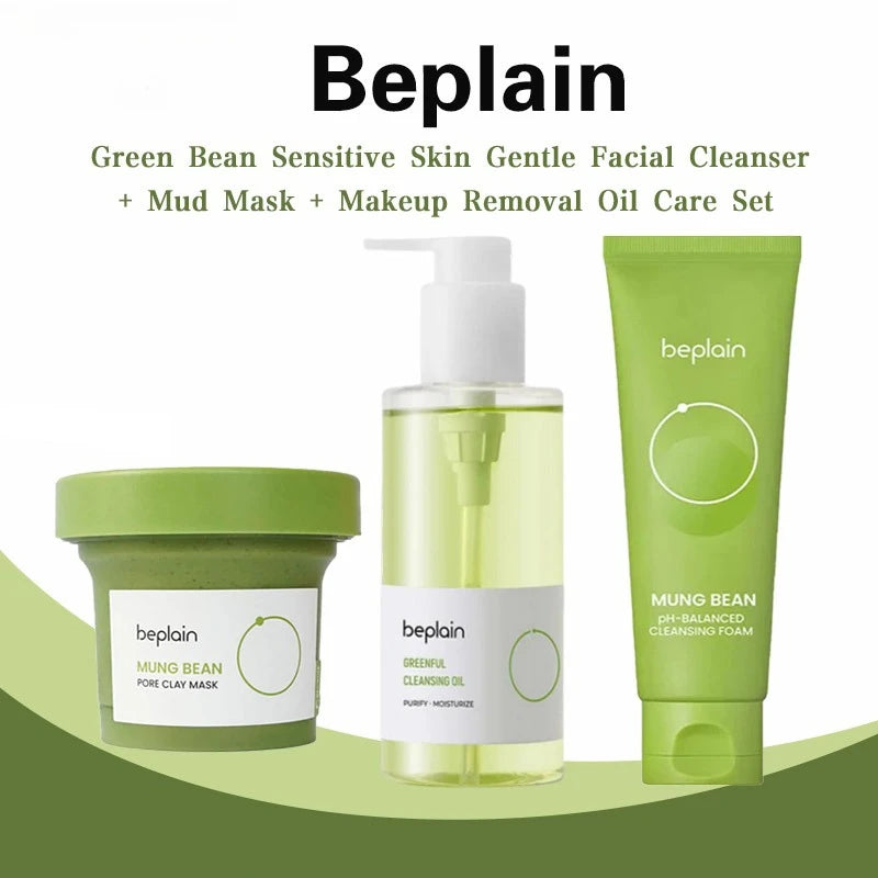 Transform Your Skin with the Beplain Korean Skincare Pore Cleansing Set: Mung Bean Foam, Clay Mask & Gentle Oil - 3 Powerful Pieces for Radiant Complexion