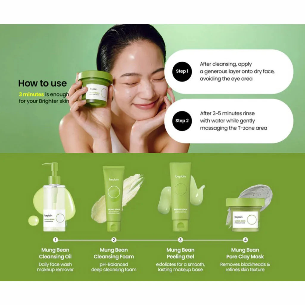 Transform Your Skin with the Beplain Korean Skincare Pore Cleansing Set: Mung Bean Foam, Clay Mask & Gentle Oil - 3 Powerful Pieces for Radiant Complexion