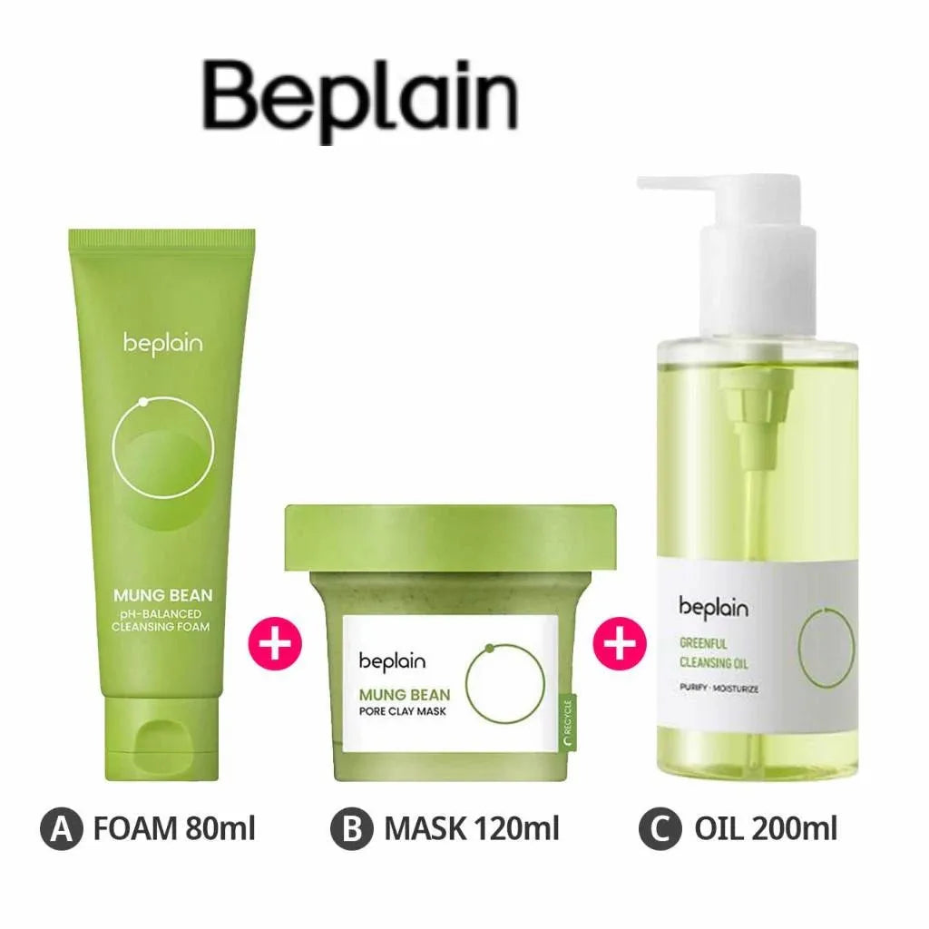 Transform Your Skin with the Beplain Korean Skincare Pore Cleansing Set: Mung Bean Foam, Clay Mask & Gentle Oil - 3 Powerful Pieces for Radiant Complexion