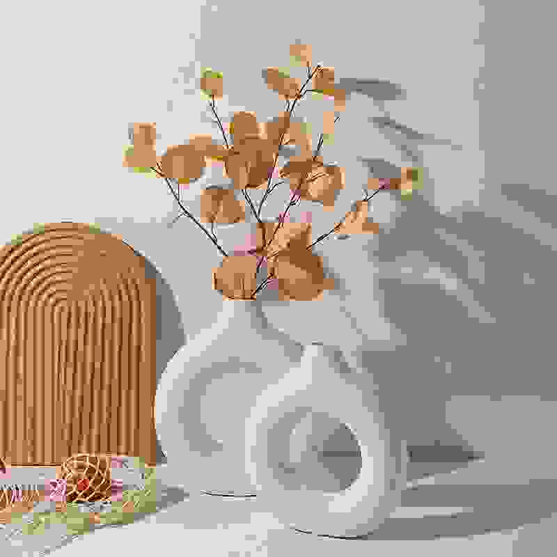 NordicBloom™ Elegant Flower Vase Decorative Display for Living Room in white ceramic with dried leaves, ideal for modern home decor.