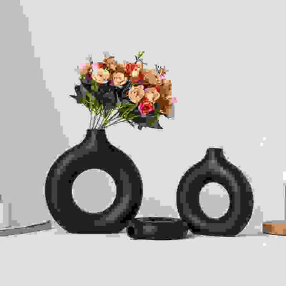 NordicBloom™ Elegant Flower Vase Decorative Display for Living Room in matte black, styled with pink roses for a chic interior accent.